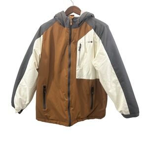 Swiss Tech Men XXL 18 Gray Cream Brown Jacket Coat Lined Hood Double Zipper